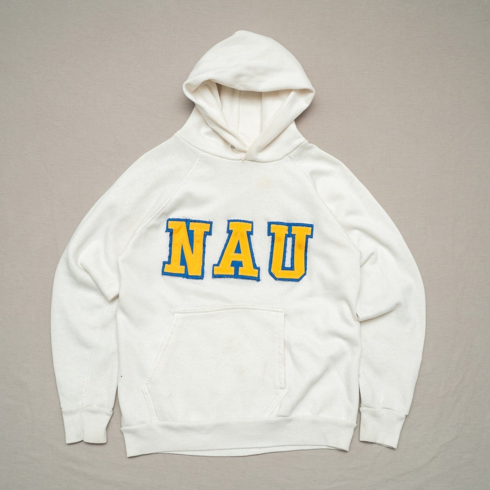 Vintage 70s 80s White Raglan NAU Hoodie Adult Medium Sewn Letters‎ Artex
